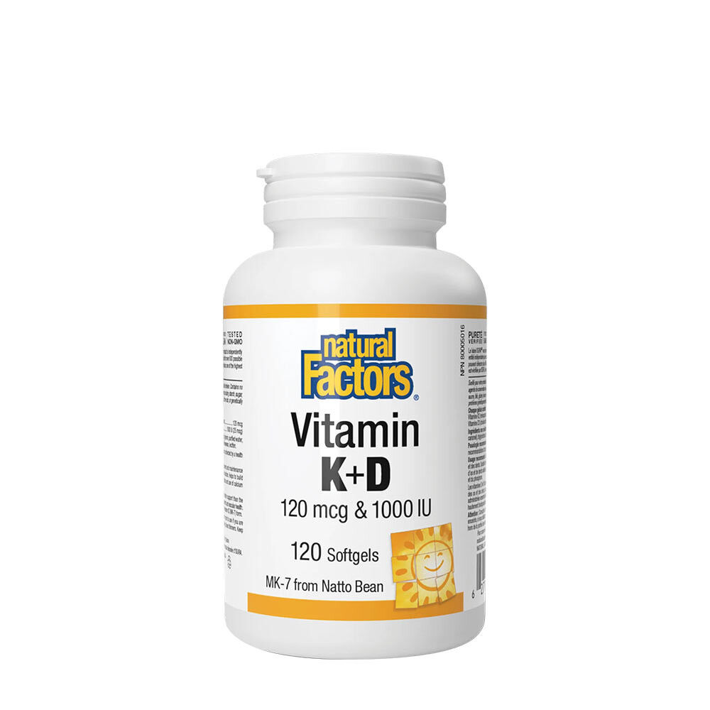 Natural Factors Vitamina K+D 120 mcg y 1000 UI (120 cápsulas blandas) - Viking Supplements