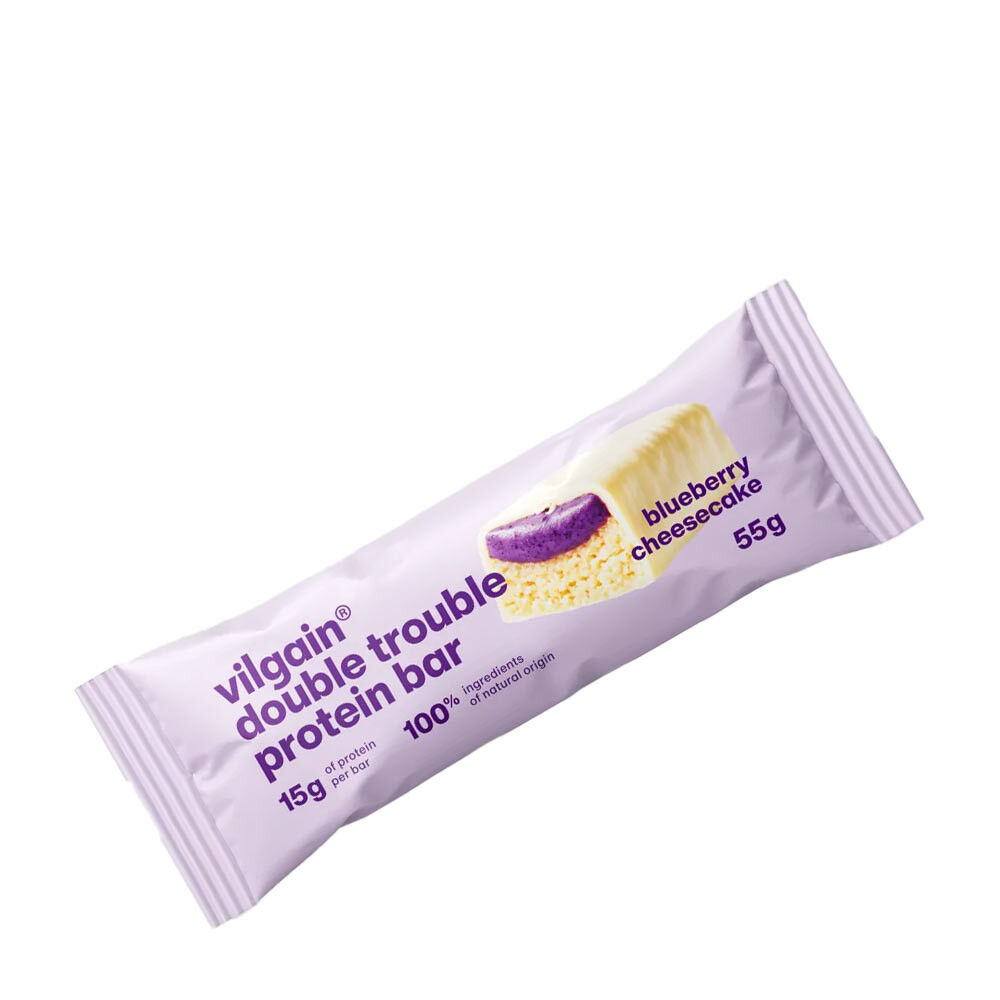 Barrita proteica Vilgain Double Trouble con sabor a tarta de queso y arándanos (55 g) - Viking Supplements